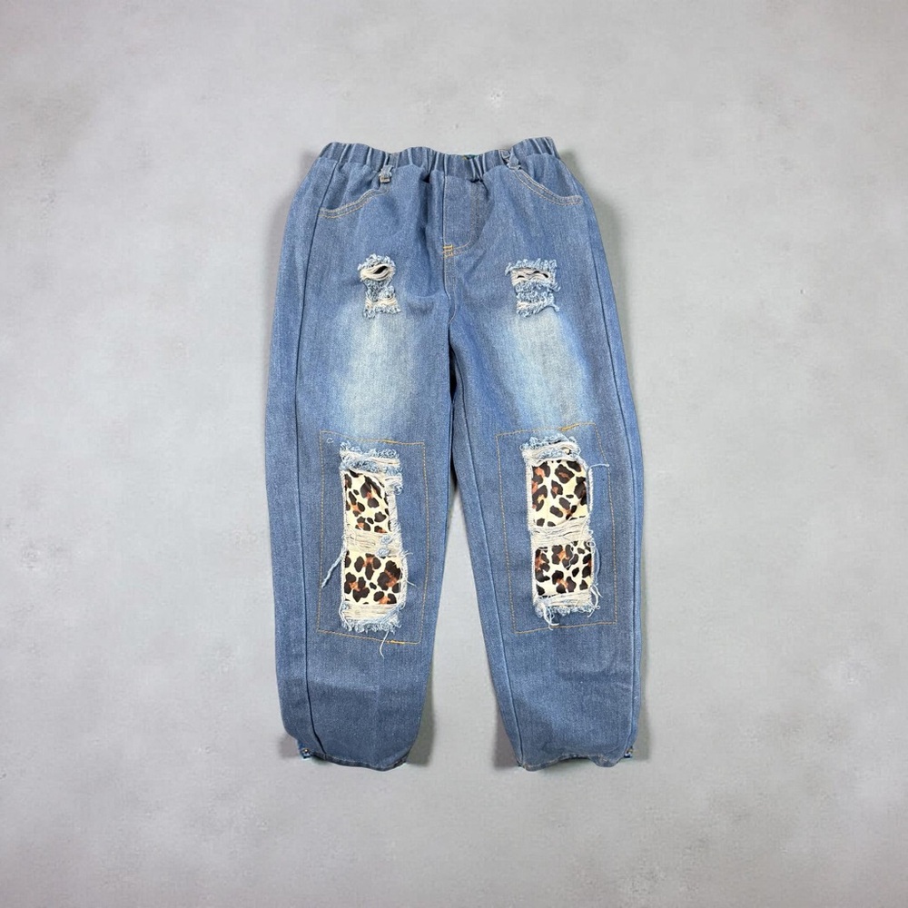 Girls Blue Distressed Jeans with Leopard Patch